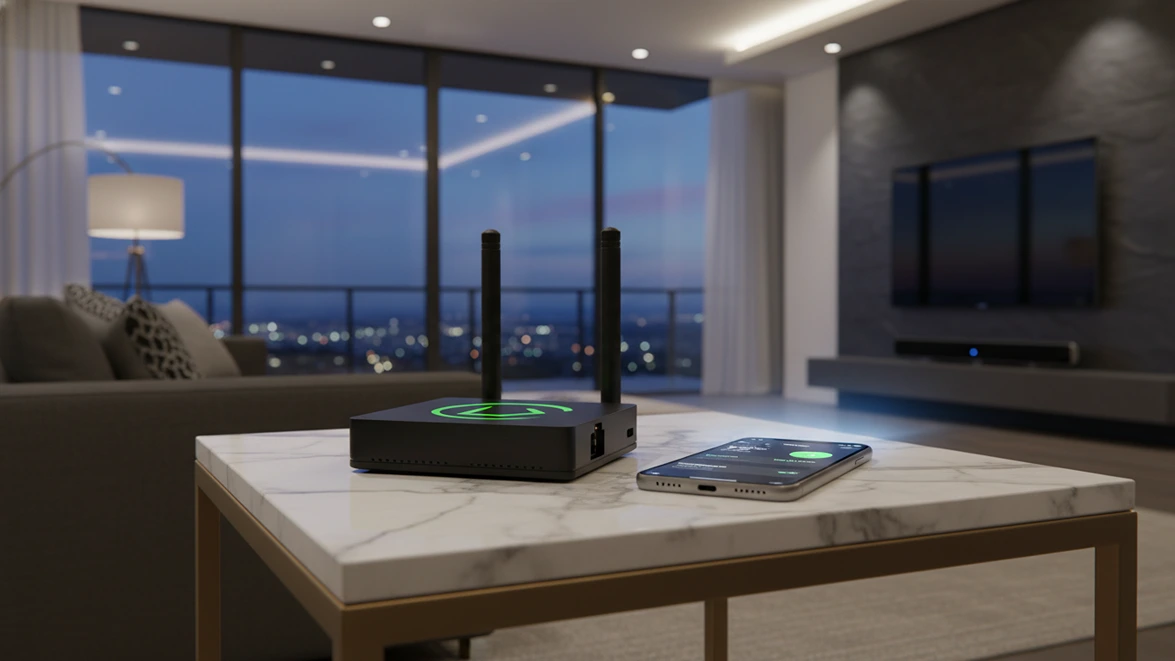 Hubitat C-8 Pro on a white marble table in a luxury modern living room with a smartphone app