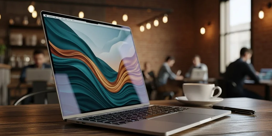 Close up of the MacBook Air M4 thermal reality showing the thin side profile on a wooden coffee shop table.