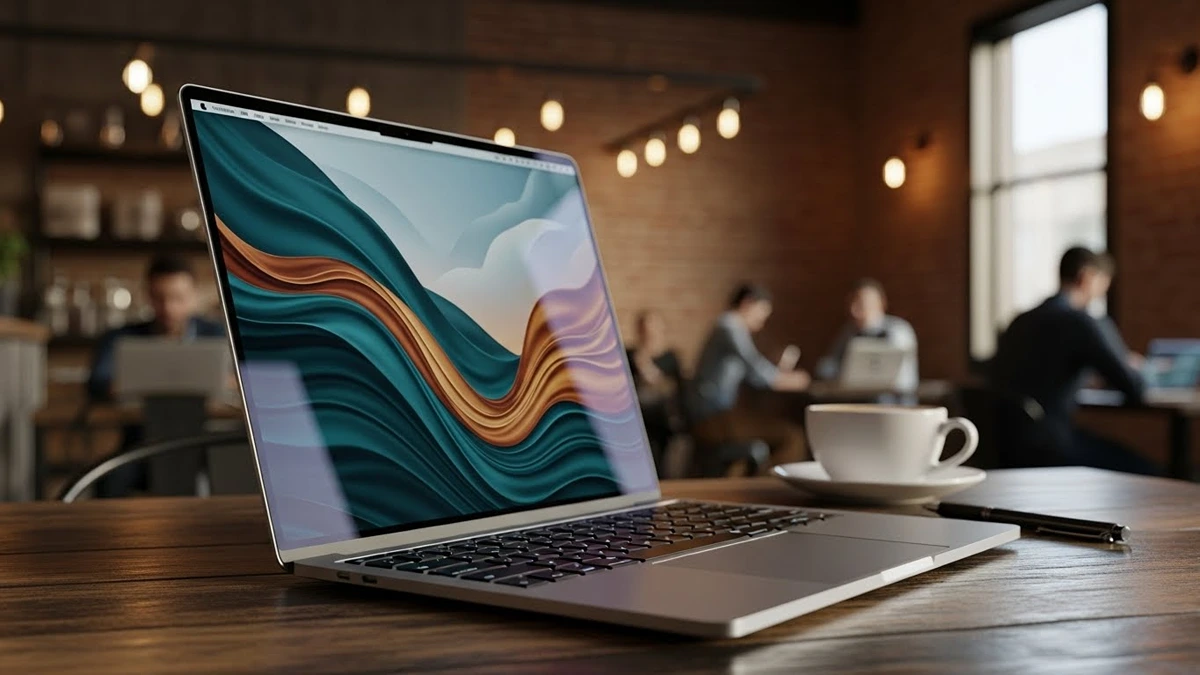 Close up of the MacBook Air M4 thermal reality showing the thin side profile on a wooden coffee shop table.