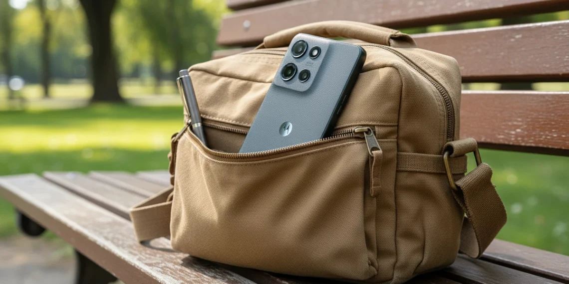 Motorola Moto G in a canvas field bag in a sunlit park.