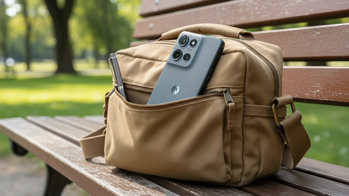 Motorola Moto G in a canvas field bag in a sunlit park.
