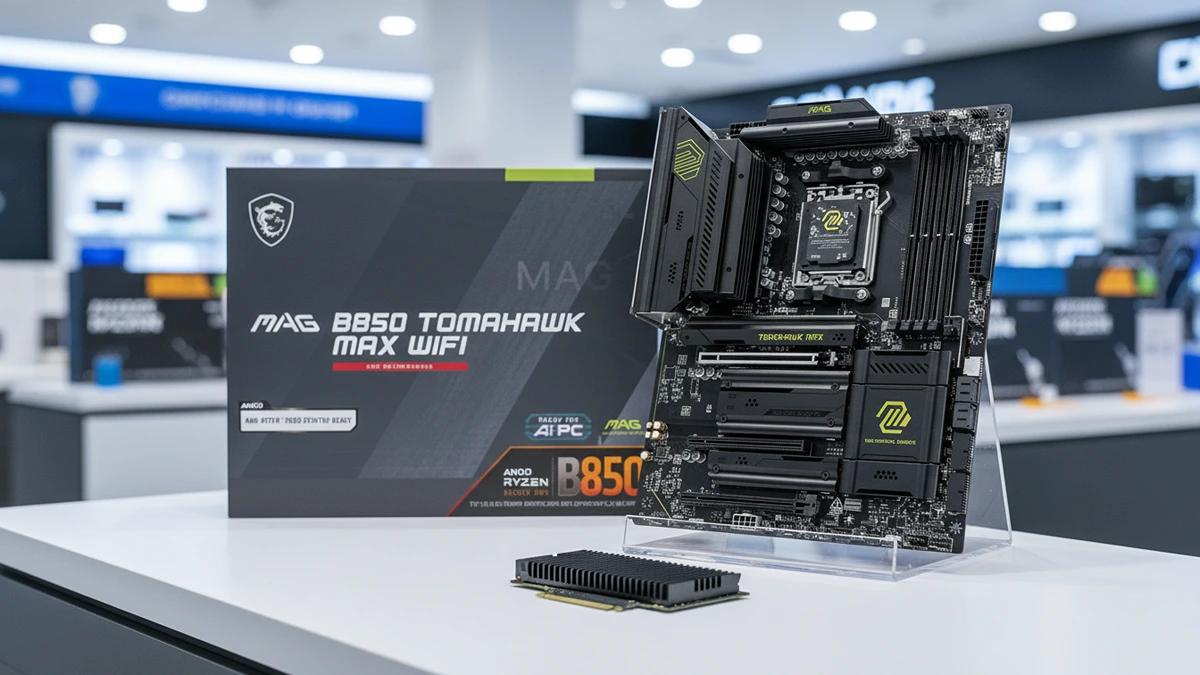 Hardware facts for the MSI MAG B850 TOMAHAWK featuring the system board retail packaging and a high speed SSD