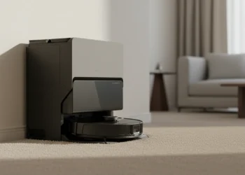 The Roborock S8 MaxV Ultra docked against a wall in a carpeted living room corner.