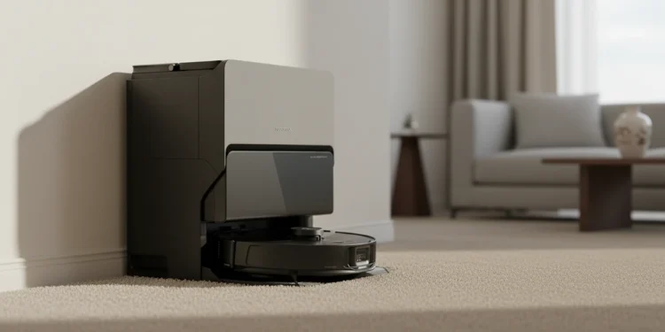 The Roborock S8 MaxV Ultra docked against a wall in a carpeted living room corner.
