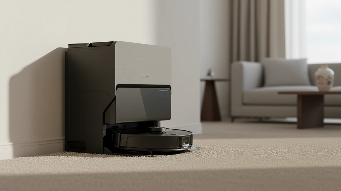 The Roborock S8 MaxV Ultra docked against a wall in a carpeted living room corner.