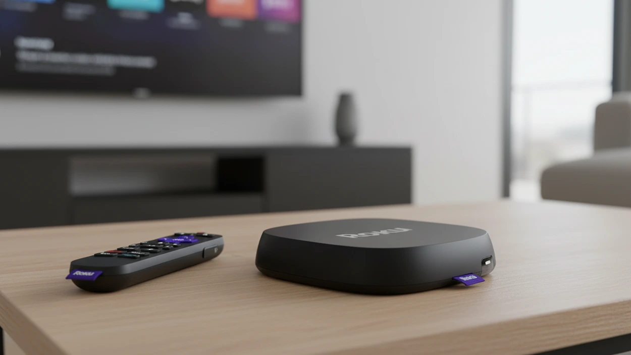 Matte black Roku Ultra hardware and purple button remote
