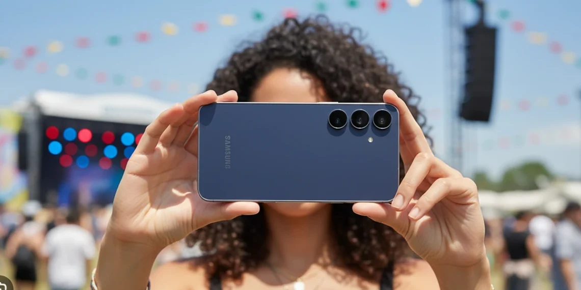 Young lady holding a dark navy Samsung S25 FE at a festival.