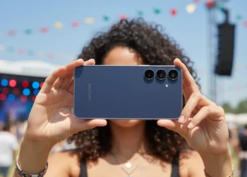 Young lady holding a dark navy Samsung S25 FE at a festival.