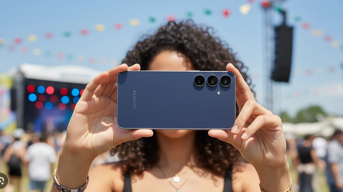 Young lady holding a dark navy Samsung S25 FE at a festival.