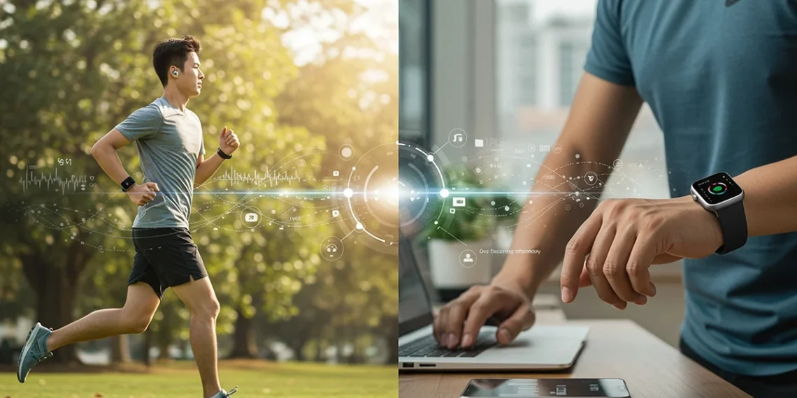 Dynamic image showing person using wearable tech for health and productivity