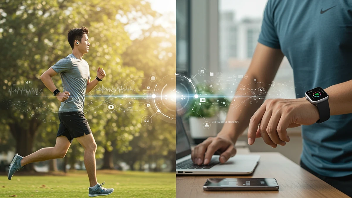 Dynamic image showing person using wearable tech for health and productivity