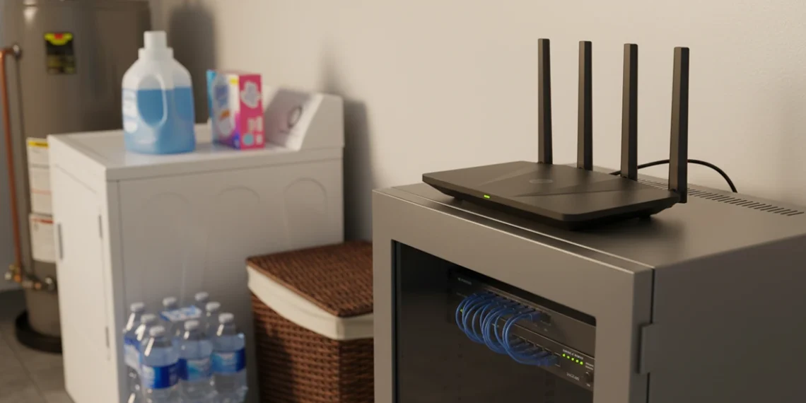 Aircove AX1800 VPN Wi-Fi Router on a professional rack cabinet in a residential laundry room.