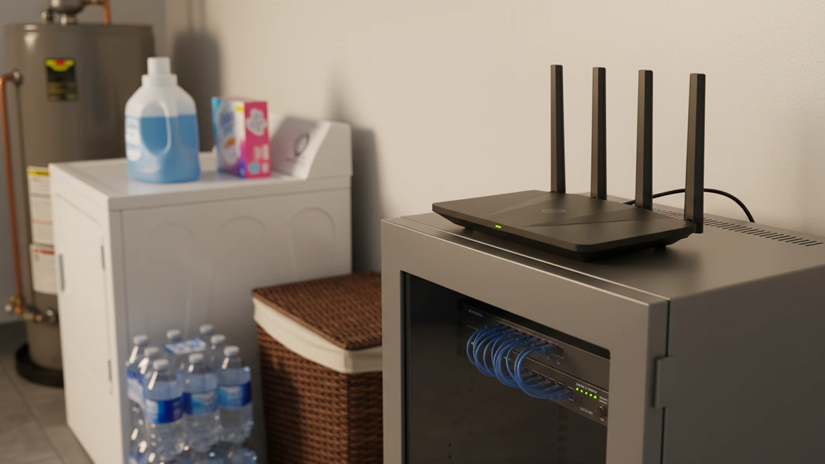 Aircove AX1800 VPN Wi-Fi Router on a professional rack cabinet in a residential laundry room.
