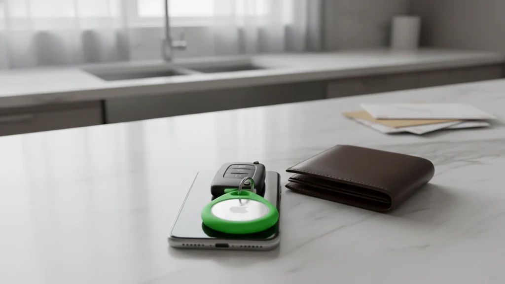 AirTag tracking device in a green holder attached to a car remote, resting on an iPhone and wallet on a marble counter