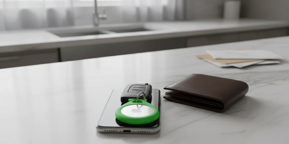 A small Apple AirTag tracker in a green circular holder attached to a car remote sitting on an iPhone and wallet on a marble counter.