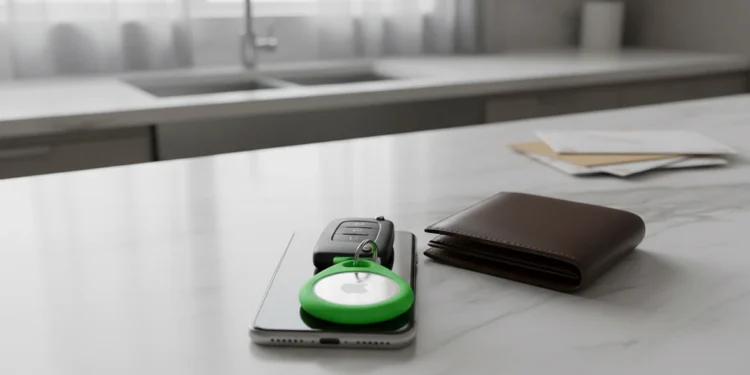 A small Apple AirTag tracker in a green circular holder attached to a car remote sitting on an iPhone and wallet on a marble counter.