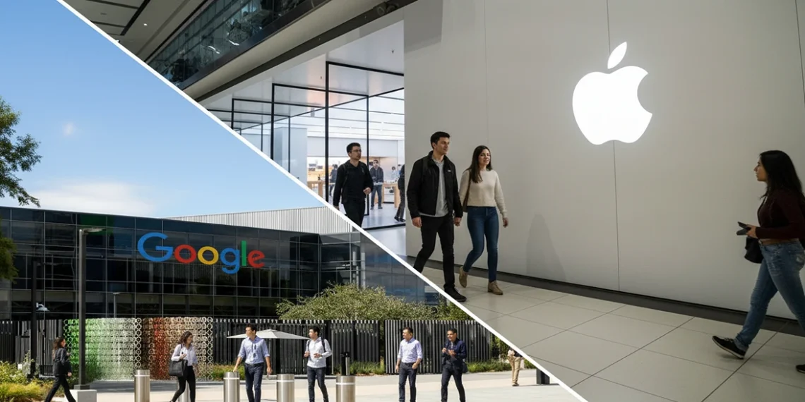 Clean diagonal split screen of a minimalist retail store and a tech campus with unique people and zero duplication representing the siri google partnership.