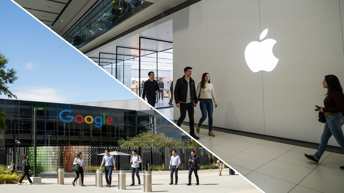 Clean diagonal split screen of a minimalist retail store and a tech campus with unique people and zero duplication representing the siri google partnership.