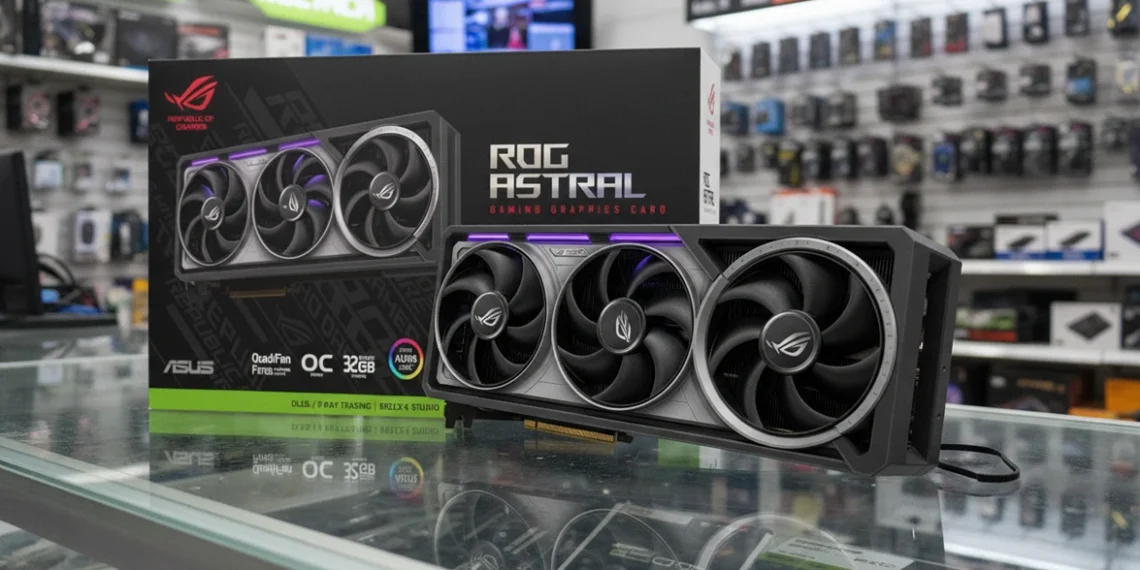 ASUS ROG Astral GeForce RTX 5090 graphics card and retail box displayed on a glass counter in a hardware store.