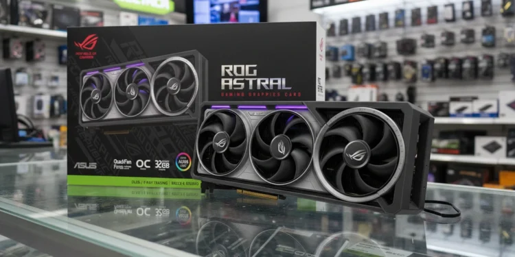 ASUS ROG Astral GeForce RTX 5090 graphics card and retail box displayed on a glass counter in a hardware store.