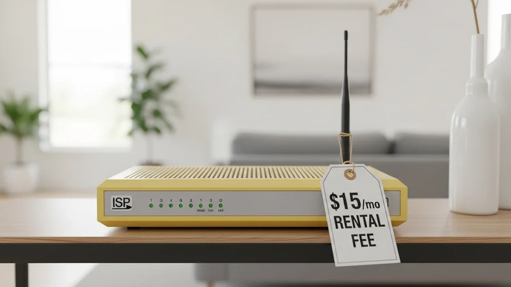 Yellow ISP internet router on a wood desk with a white price tag showing a 15 dollar monthly rental fee