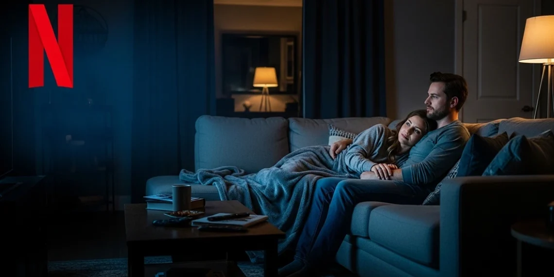 Couple snuggling on sofa watching Netflix sci-fi thrillers The Platform Oxygen and Annihilation at night with red N logo overlay