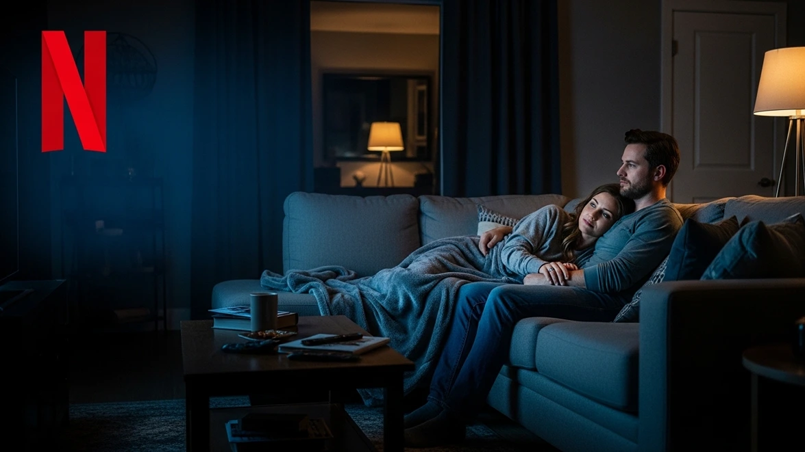 Couple snuggling on sofa watching Netflix sci-fi thrillers The Platform Oxygen and Annihilation at night with red N logo overlay