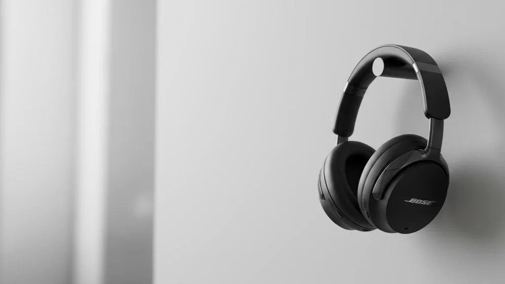 Black Bose wireless headphones hanging on a minimalist cylindrical wall mount.