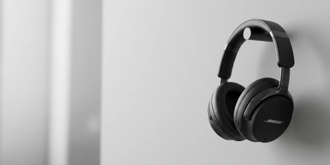 Black Bose wireless headphones hanging on a minimalist cylindrical wall mount.