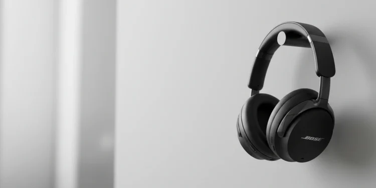 Black Bose wireless headphones hanging on a minimalist cylindrical wall mount.