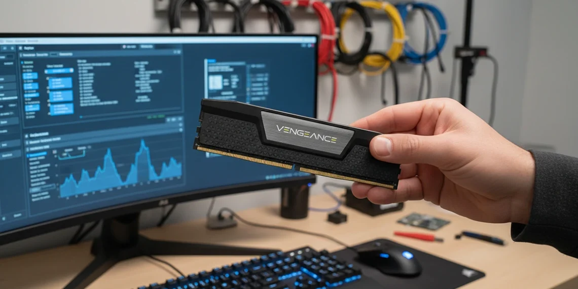 Hand holding a Corsair Vengeance DDR5 RAM stick in front of a computer monitor displaying performance graphs.