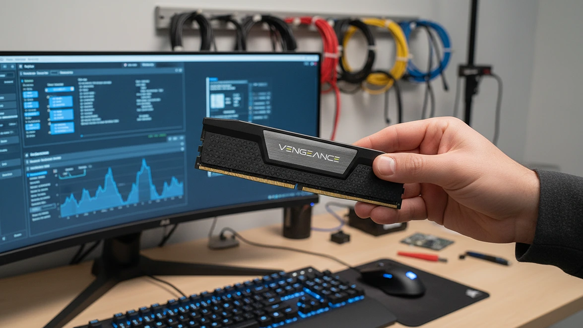 Hand holding a Corsair Vengeance DDR5 RAM stick in front of a computer monitor displaying performance graphs.