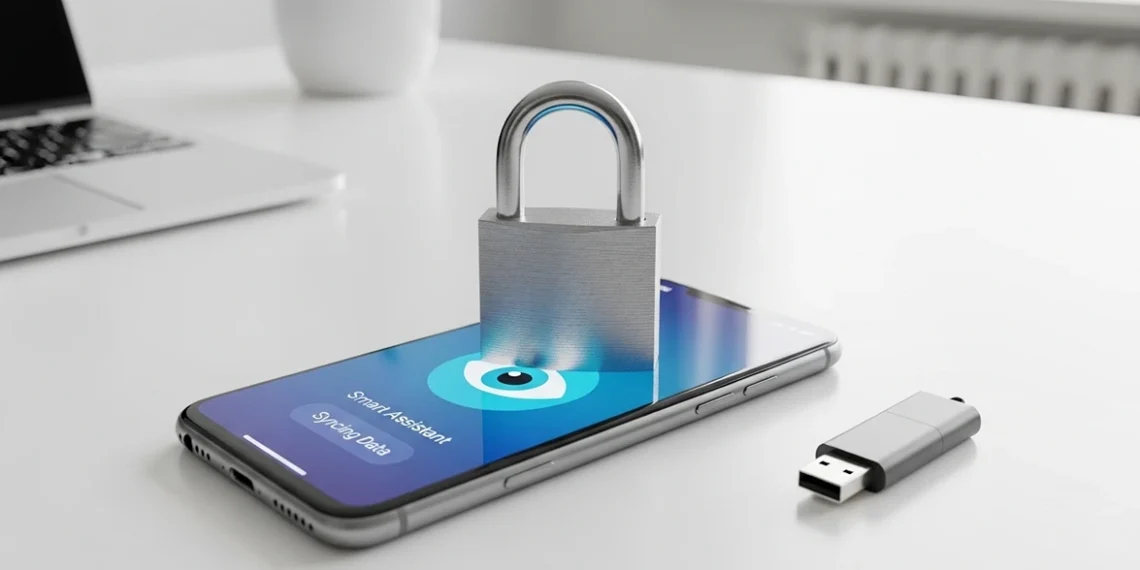 A silver metal padlock sits on a smartphone screen next to an external USB drive on a white desk surface.