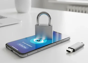 A silver metal padlock sits on a smartphone screen next to an external USB drive on a white desk surface.