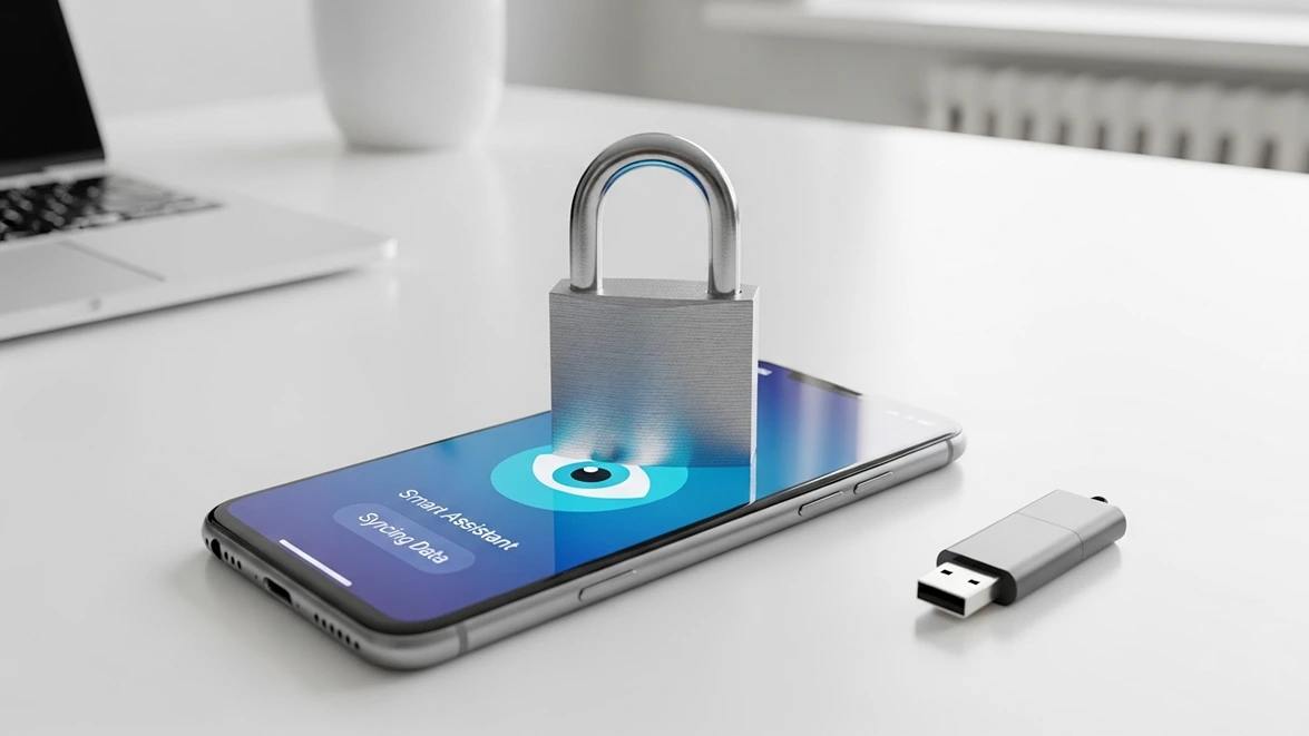 A silver metal padlock sits on a smartphone screen next to an external USB drive on a white desk surface.