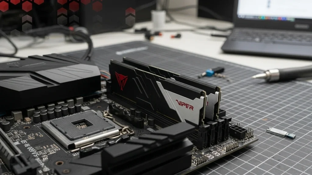 Patriot Viper Venom DDR5 6000 RAM installed in a black motherboard on a grid mat beside a laptop and screwdriver