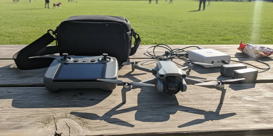 DJI Mini 3 drone and Fly More kit accessories laid out on a weathered wooden picnic table at a sunny neighborhood park with blurred people playing frisbee in the background.