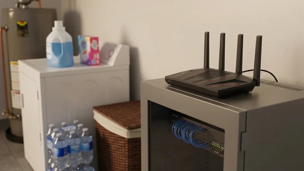 Fortify VPN router with four antennas on top of a home rack cabinet in a laundry room