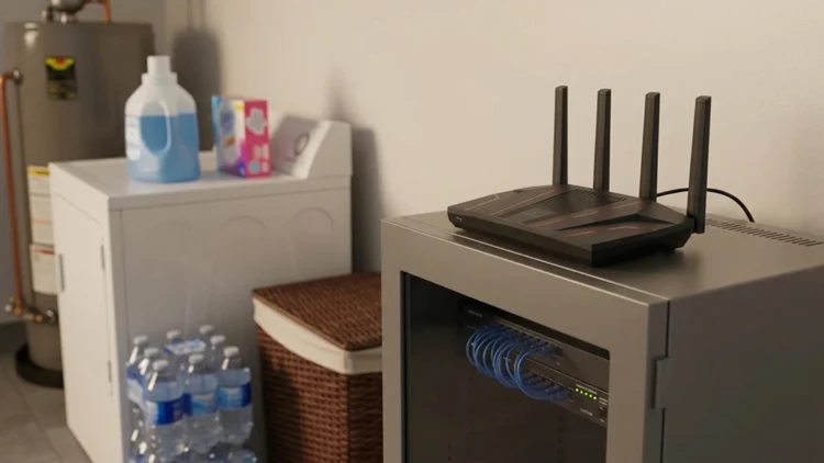 Fortify VPN router with four antennas on top of a home rack cabinet in a laundry room