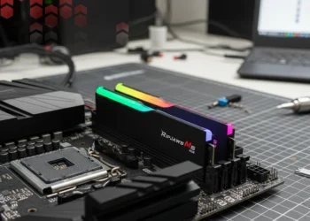 G.Skill Ripjaws M5 RGB memory sticks sit in a black motherboard on a grey grid mat next to a screwdriver and a laptop.