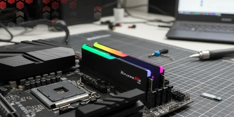 G.Skill Ripjaws M5 RGB memory sticks sit in a black motherboard on a grey grid mat next to a screwdriver and a laptop.