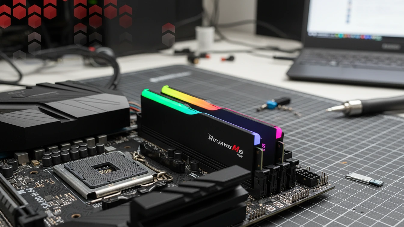 G.Skill Ripjaws M5 RGB memory sticks sit in a black motherboard on a grey grid mat next to a screwdriver and a laptop.