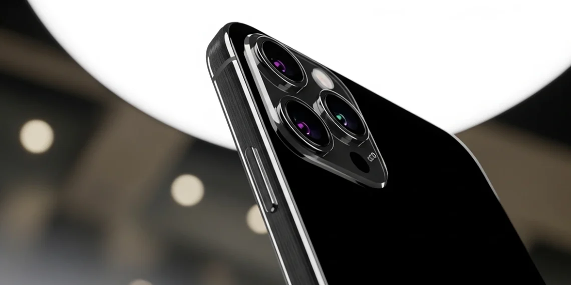 Left leaning profile of the iPhone 16 Pro in Black Titanium showcasing the vertical rails and hardware required to bridge the iphone 16 pro software gap.