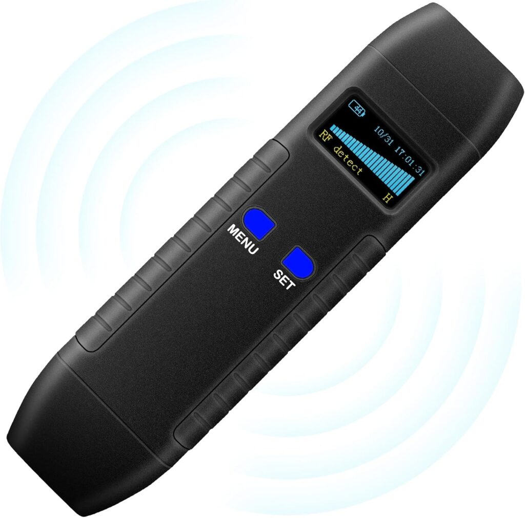 Hand holding a KAXYUYA hidden camera detector while sweeping a living room for hidden trackers and cameras