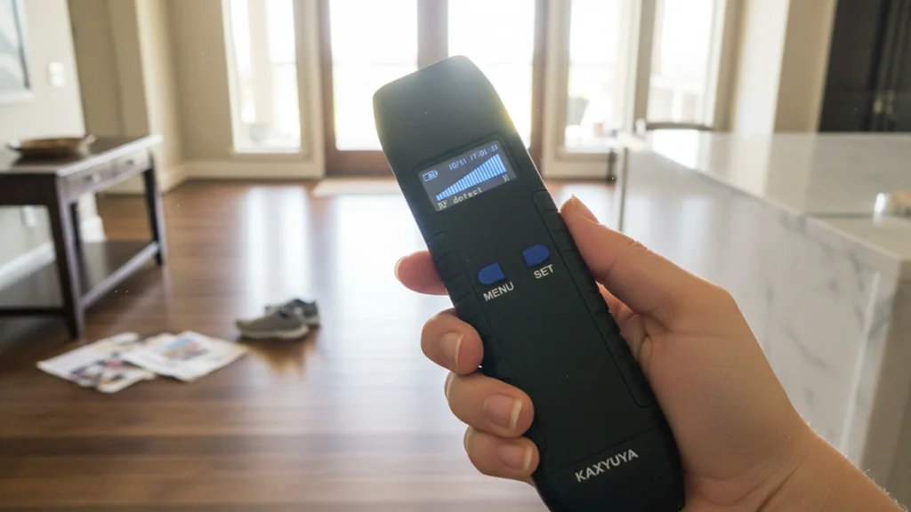 Hand holding a KAXYUYA hidden camera and GPS tracker detector while sweeping a living room for surveillance devices