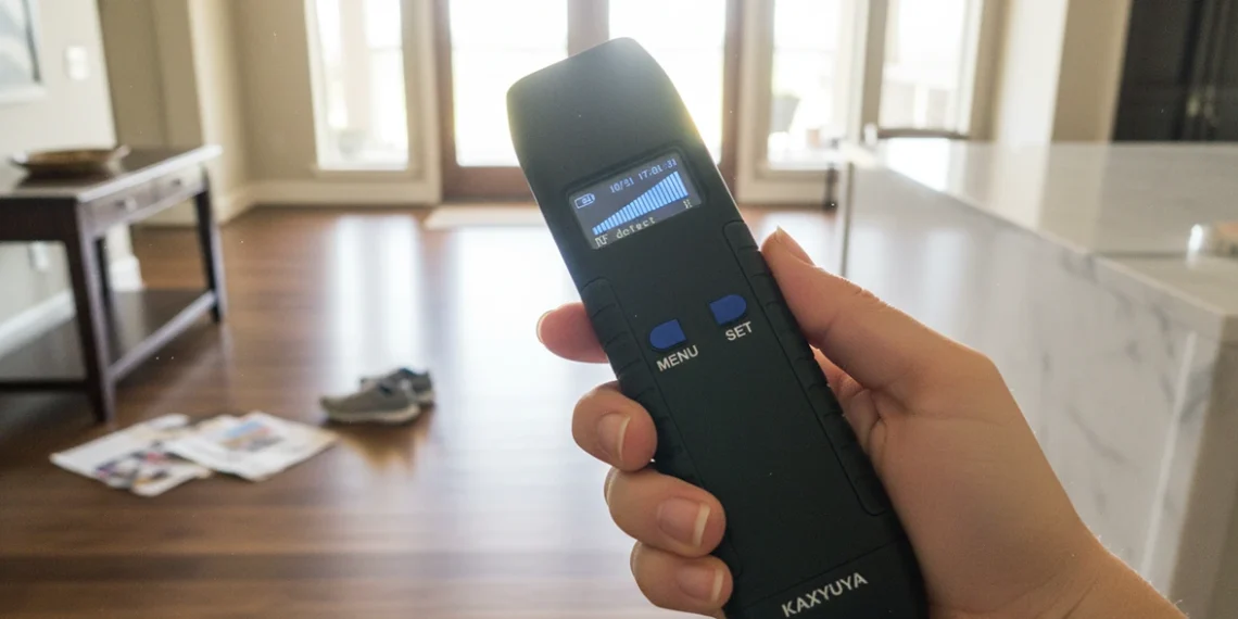 Hand holding a black anti spy scanner in a sunlit messy living room during a security sweep
