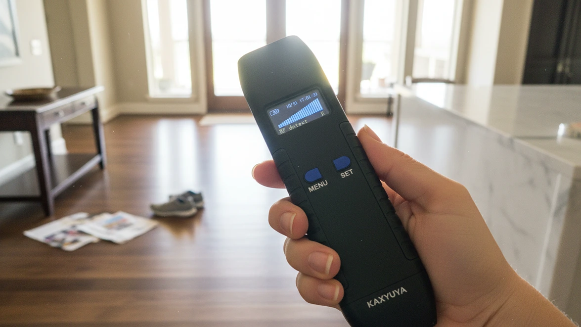 Hand holding a black anti spy scanner in a sunlit messy living room during a security sweep