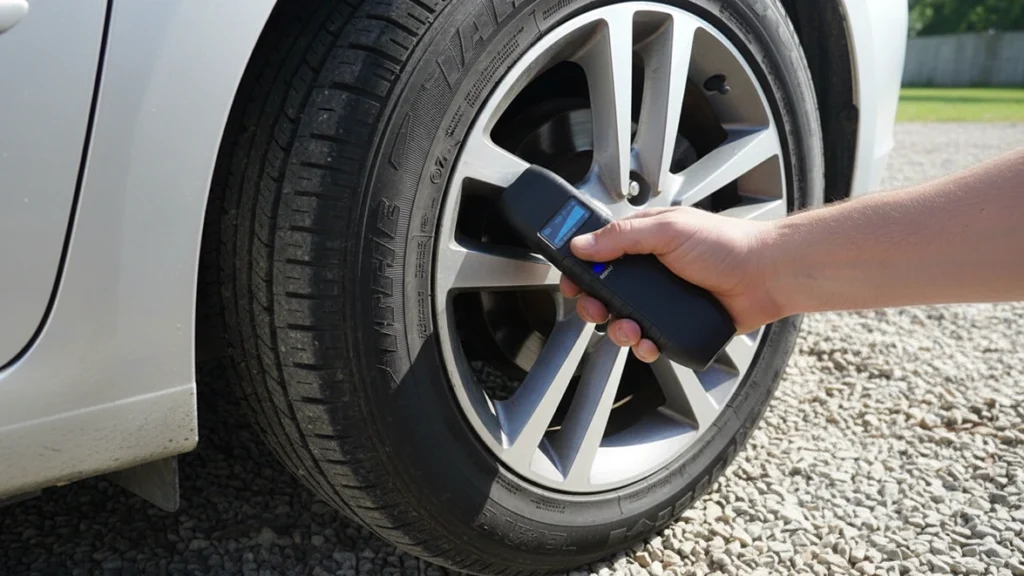 Hand scanning a car’s front wheel well with a KAXYUYA GPS tracker detector to find hidden magnetic trackers