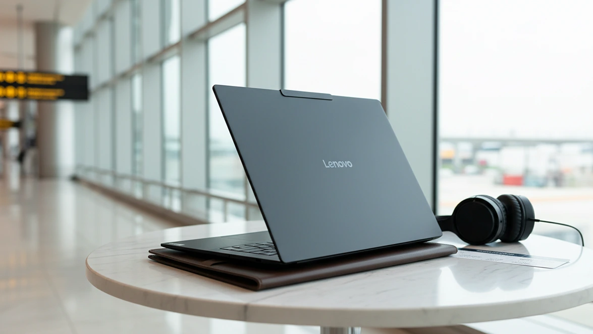 Rear view of an open Lenovo Yoga Slim 7x in Cosmic Blue on a marble table in a sunlit airport lounge.