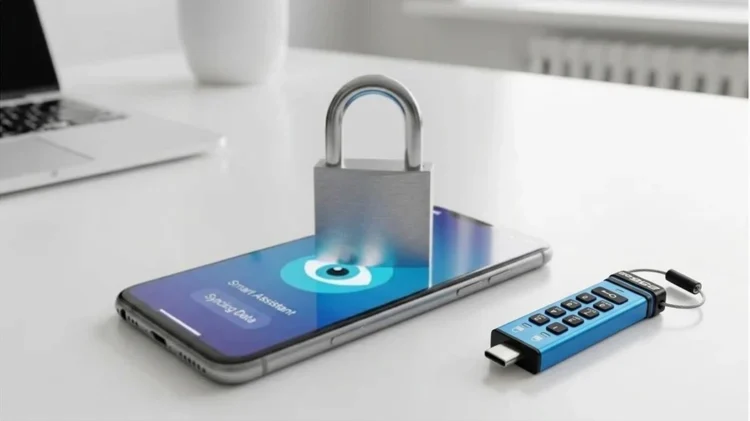 Modern data protection shown with a smartphone, padlock, and hardware-encrypted flash drive on a desk